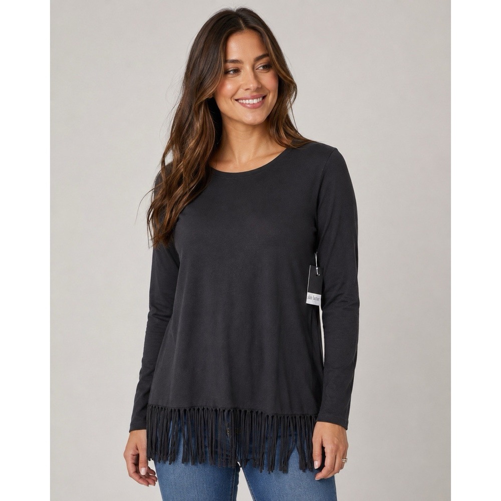 NWT Slim Factor Woman's M Black Fringe Hem Tunic Top MSRP $59